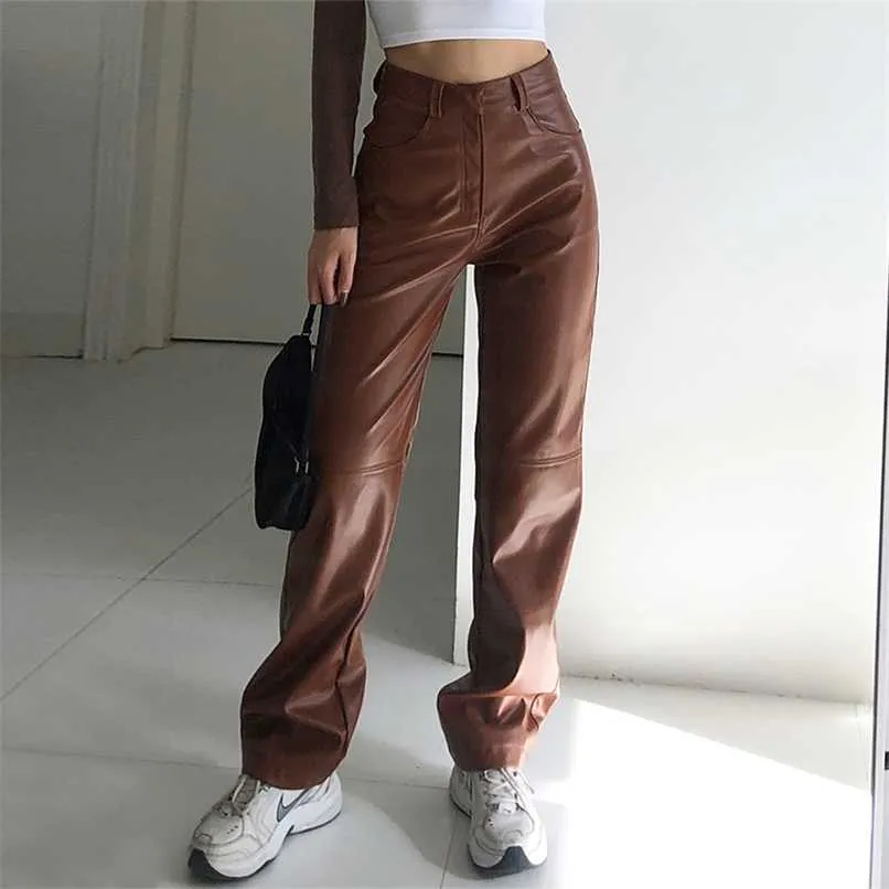 Alto cintura cintura pu calças de couro mulheres casuais moda bolsos laterais retos calças de perna larga solta calças marrom vintage 211112