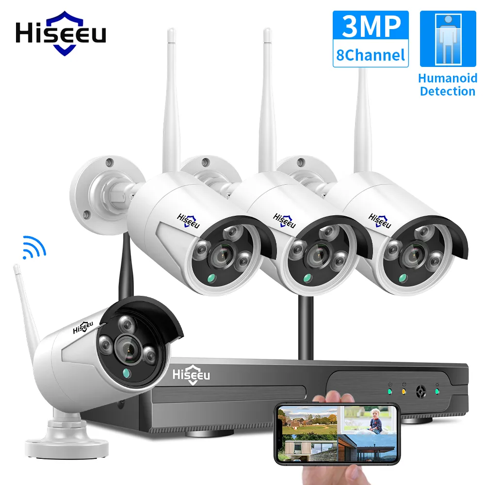 Sistema CCTV wireless HISEEU 8CH 1536P 1080P NVR WiFi Outdoor 3MP AI IP Camera Security Videosorveglianza Video Surveillance Kit monitor LCD