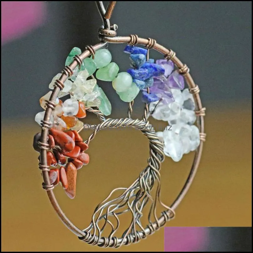 Pendant Necklaces Tree Of Life 7 Chakra Necklace Quartz Iridescence Healing Crystal Natural Stone For Women Yoga Jewelry