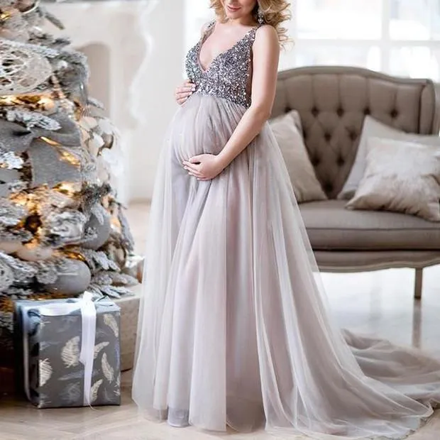 Sexy rückenfreie, hohe Taille, formelle Abendkleider für schwangere Frauen, Splittergrau, große Perlen-Top-Träger, Übergröße, Umstands-Abschlussball-Party-Kleider 2021