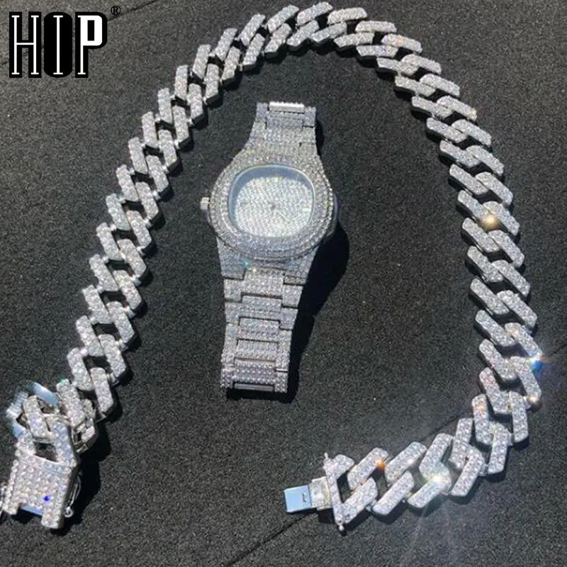 HIP HOP 1KIST 20 MM horloge + ketting + armband Zwaar Iced Rhinestones Prong Cubaanse ketting CZ bling rapper kettingen voor mannen sieraden