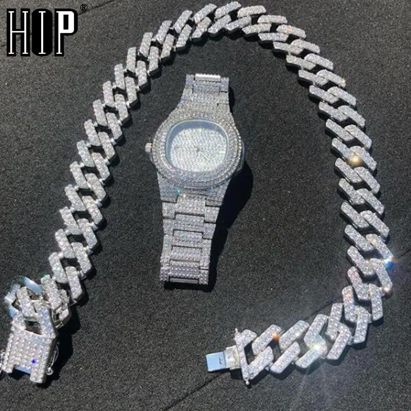 Hip Hop 1Kit 20MM Montre + Collier + Bracelet Strass Glacés Lourds Prong Chaîne Cubaine CZ Bling Rappeur Colliers Pour Hommes Bijoux