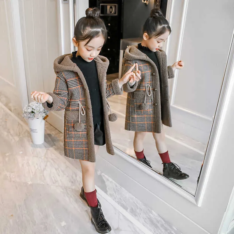 Autumn and Winter Girls Plus Velvet Coat Big Children's Korean style Mid-length Woolen Single-breasted H0909