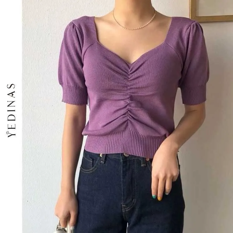 Yedinas Sexy T-shirt Frauen Gestrickte Kurzarm Vintage T-shirt Slim Crop Top Koreanische Stil Elastische T Tops Femme 210527
