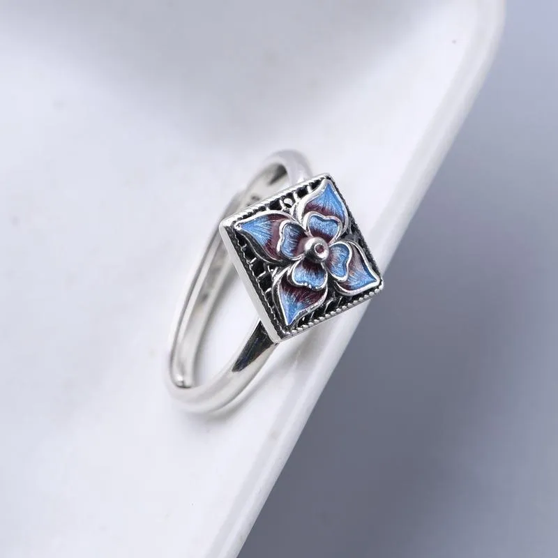 Cluster Ringe Original Cloisonne Email Porzellan Blume Öffnung Verstellbarer Ring Chinesisch Retro Designer Handwerk Anhänger Weibliche Silber Schmuck
