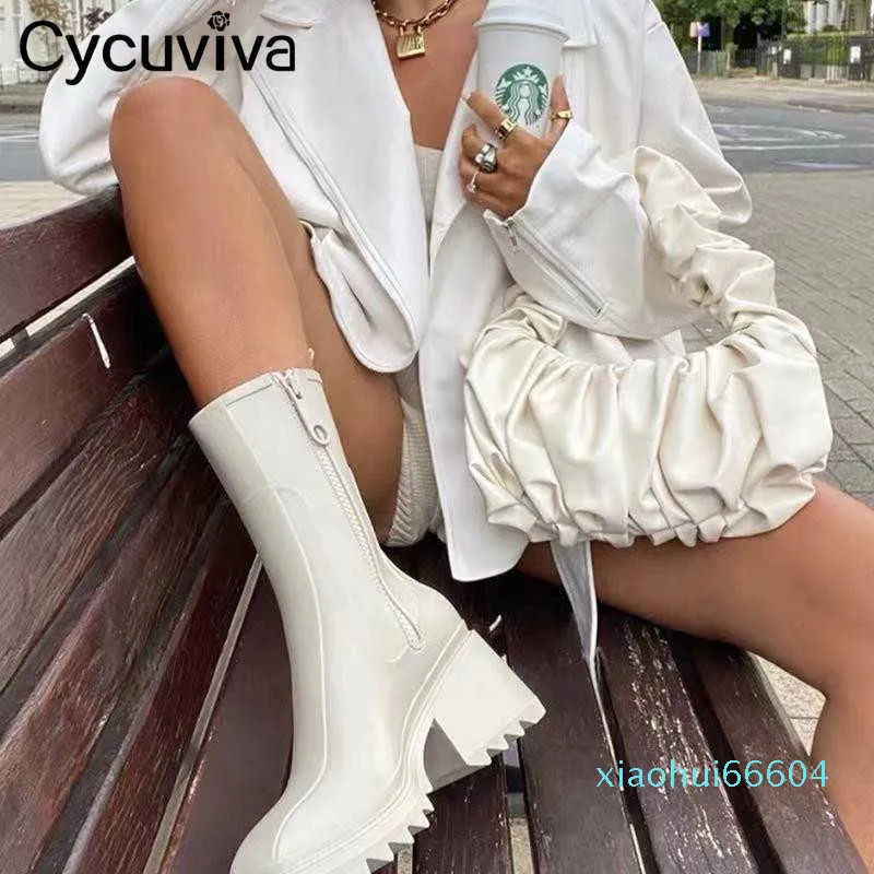 أحذية المطر Cycuviva بمقدمة مربعة للنساء كعب سميك نعل سميك أحذية كاحل مصممة أحذية تشيلسي للسيدات أحذية مطر مطاطية أحذية مطر x