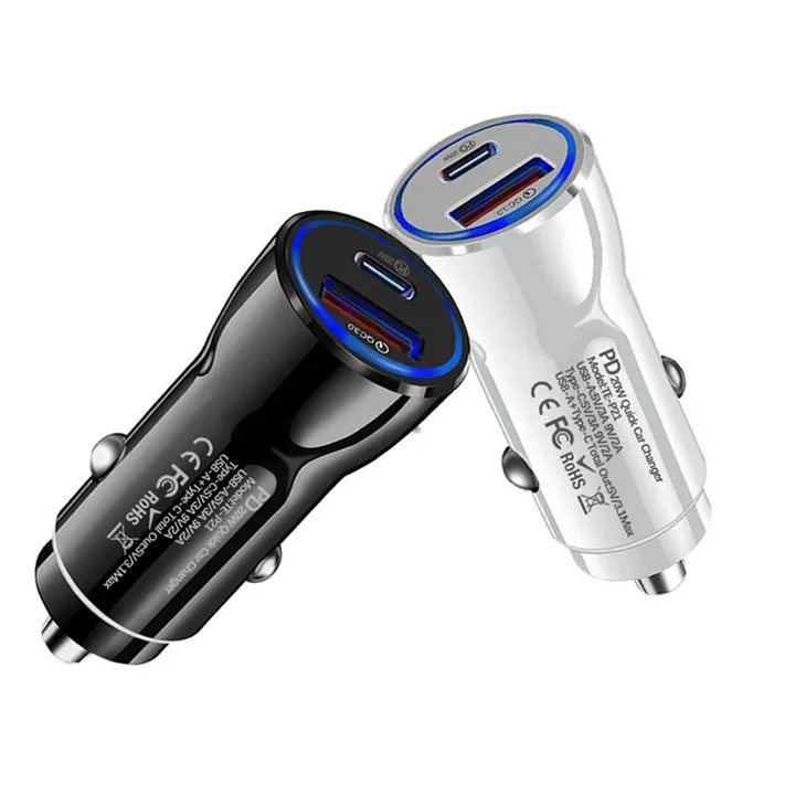 PD Type C + QC 3.0 Dual USB Quick Charging Car USB Charger Aluminum Alloy 36W Fa