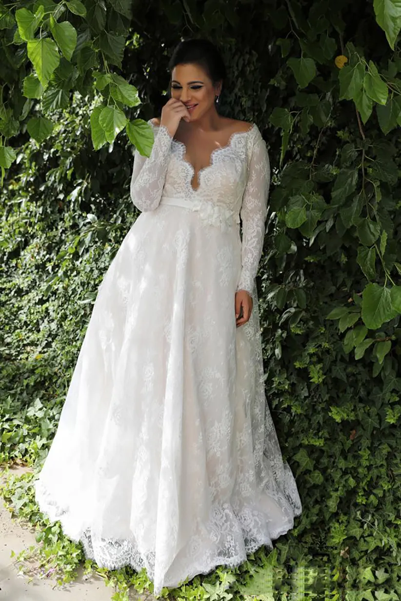 Plus Size Ivory Beaded Flowers Empire Waist Long Tulle Wedding Dress  Butterfly Sleeves #MN027 - GemGrace.com
