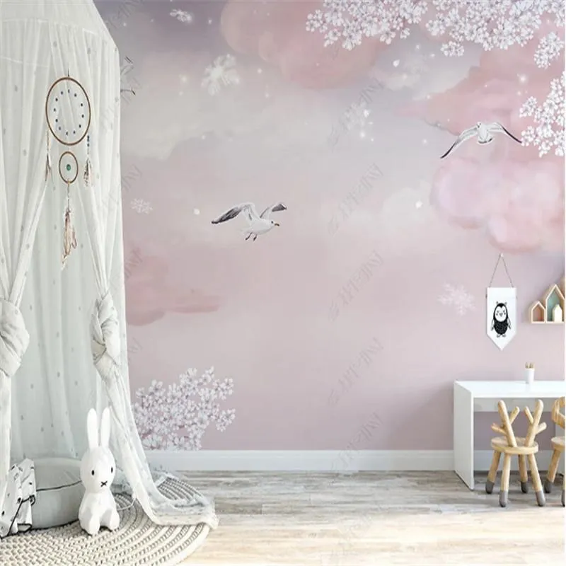 Wallpapers Nordic Fantasy Clouds Wallpaper Starlight Cherry Cherry Blossom Children's Room Pink Background Wall Papers Home Decor Mural