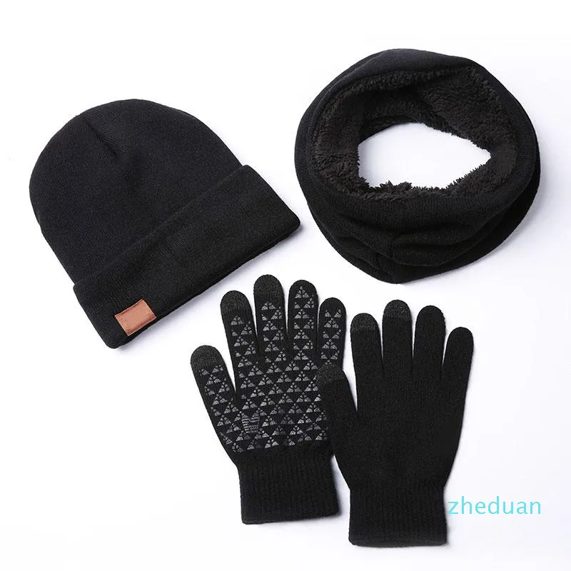 Ski Gloves 3 Pcs/set Winter Beanie Hat Scarf Sets Knitted Three-piece Suit Men Women Wool Plus Velvet To Keep Warm