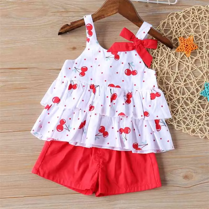 2-6T Vestiti estivi per bambini Ragazze Bow Color Polka Dot Cherry Top + Pantaloncini 2 pezzi Set di abbigliamento 210528