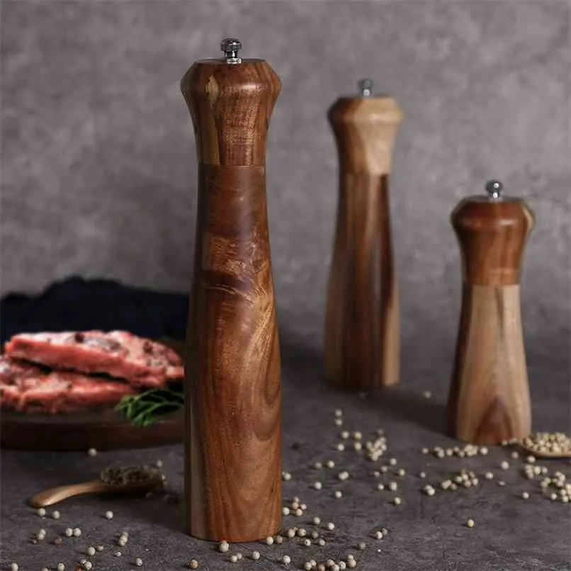 Handleiding Pepper Grinder Acacia Wooden Coarse Salt Multipurpose Kruidenfles BBQ Keuken Slijpgereedschap Set 210712