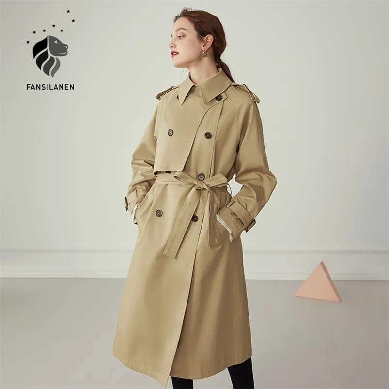 Fansilanen 100% Bawełna Khaki Długie Kobiety Trench Coat Jesień Zima Zwróć Kołnierz Kobiety Ubrania Przyczynowe Pełny Rękaw Pasek Trench 210812