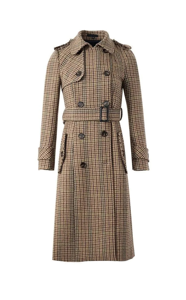 Trench da donna 2021 Vintage British Feel 30% lana scozzese doppiopetto Cappotto lungo allentato Mantel Damen per donna