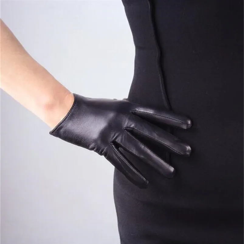 Женские короткие дизайнерские перчатки из овчины, тонкие перчатки из натуральной кожи, черные мотоциклетные перчатки с сенсорным экраном R630 220112