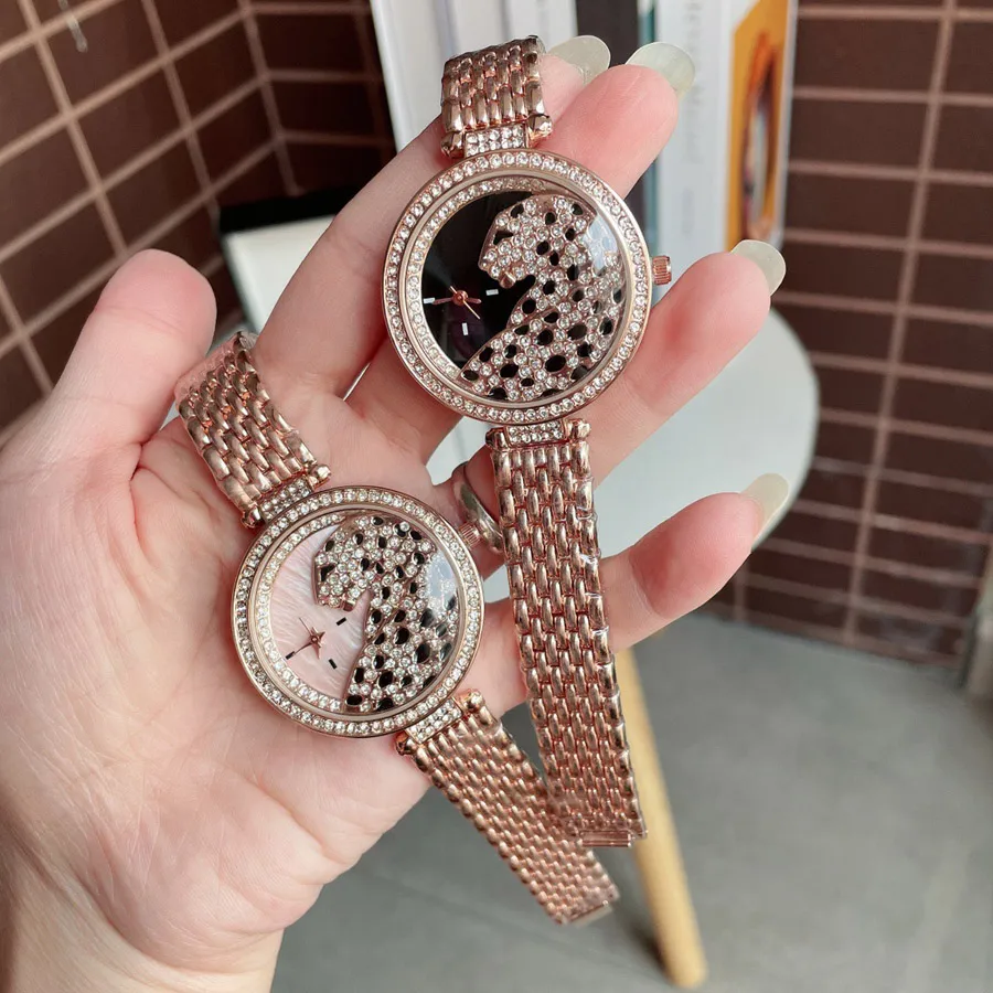 Orologi di marca di moda Ragazza da donna colorato cristallo stile leopardo cinturino in acciaio metallo bellissimo orologio da polso C63229i