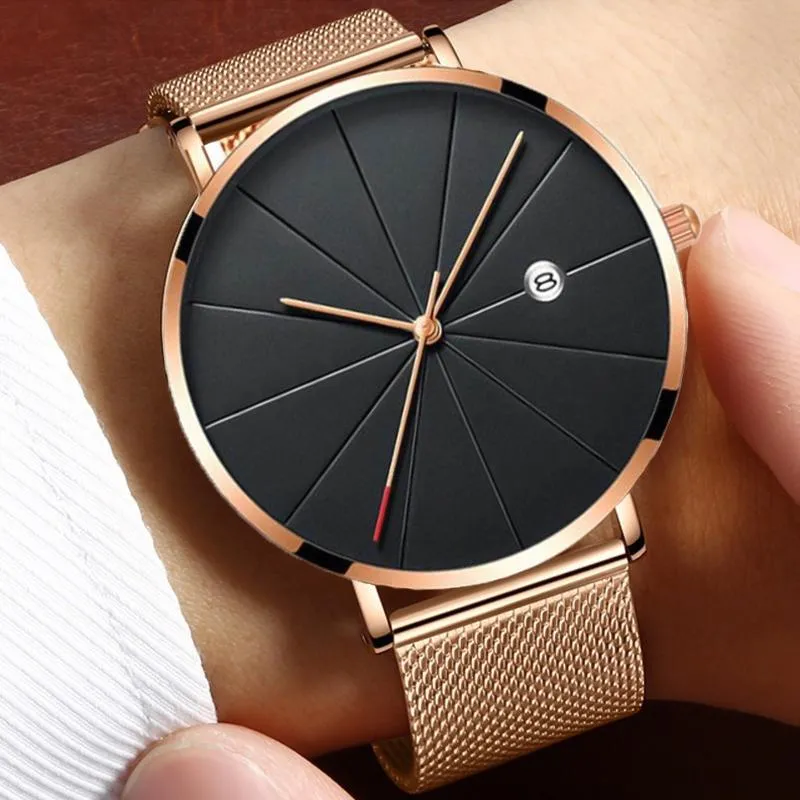 Mens Watches Ultra-thin Stainless Steel Watch Sports Leisure Quartz Wristwatch Complete Calendar Date Clock Masculino Relogio237z