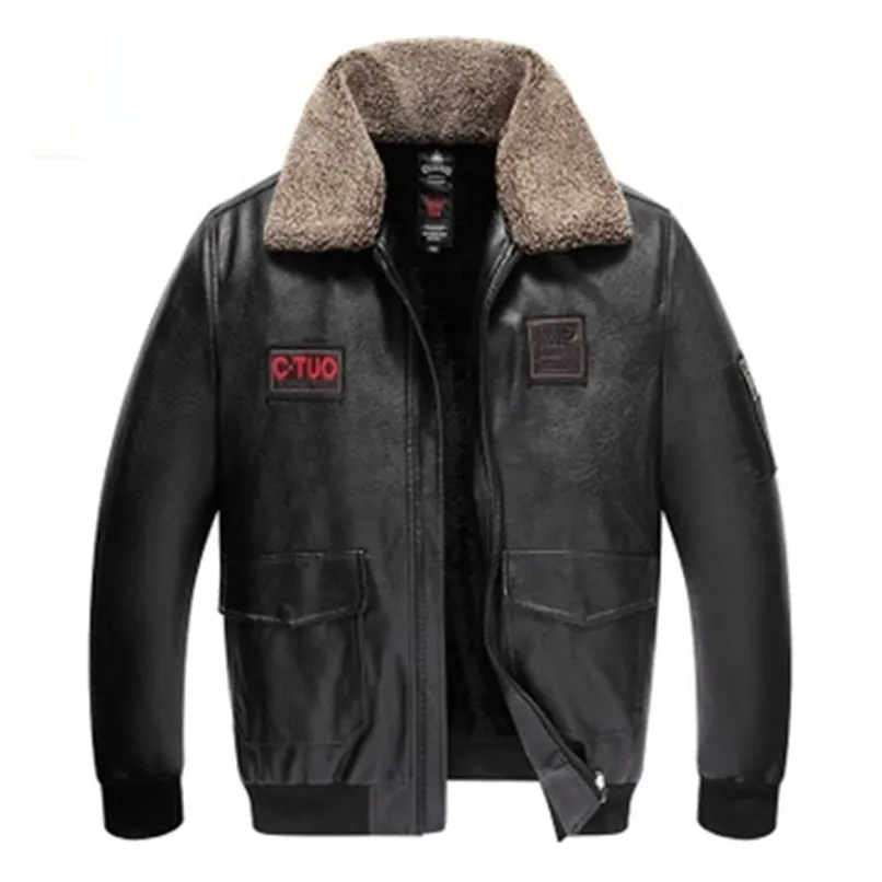 Mäns Real Leather Jacket Fashion Slim Moto Bike Style Pilot Fur Coat Casual Ull Turn-Dowm Krage Äkta 210923