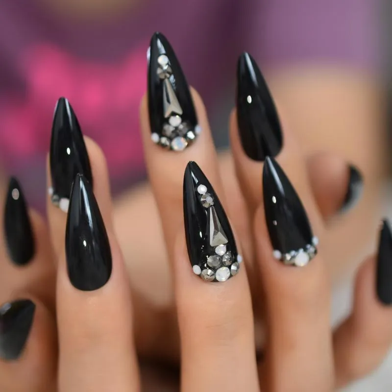 Medium Rhinestone Acrylic Nails Stiletto Black Black Design, Full Cover,  Sharp Glossy Finish For Tarered Artifical Dark Decoration Prud22 From  Prudencha, $35.79