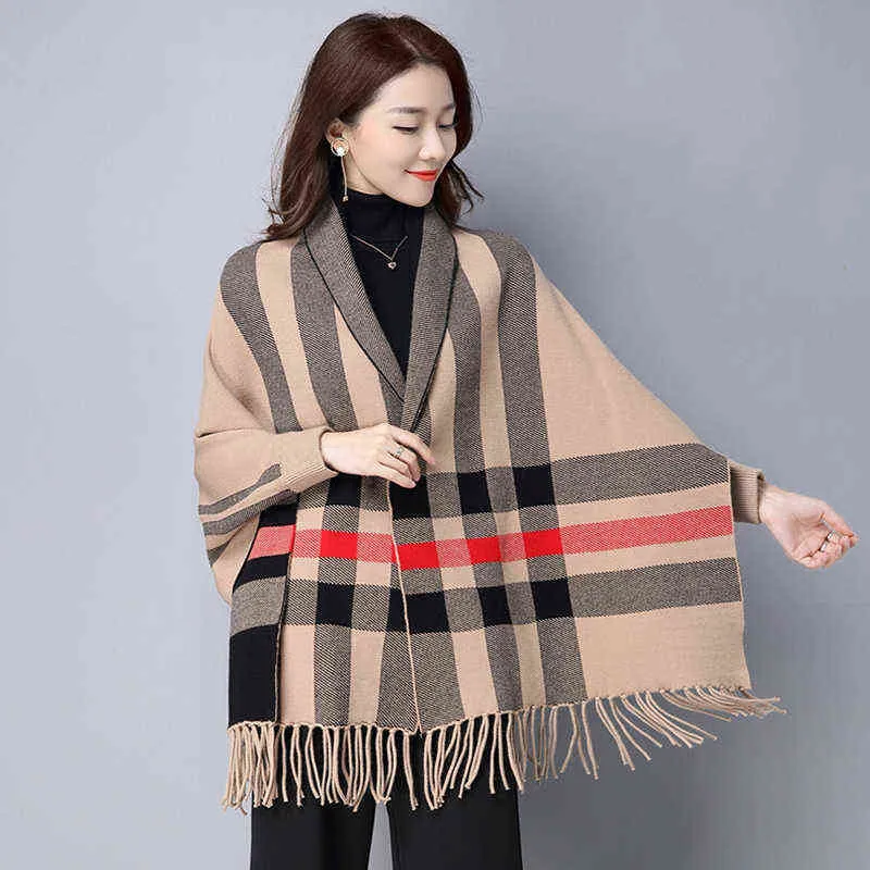 ZJZLL Fashion Long Frings Multicolor Winter Warm Shawl And Wrap Com Mangas Xadrez De Tricô Pashmina Listrado Suéter Poncho Y1122