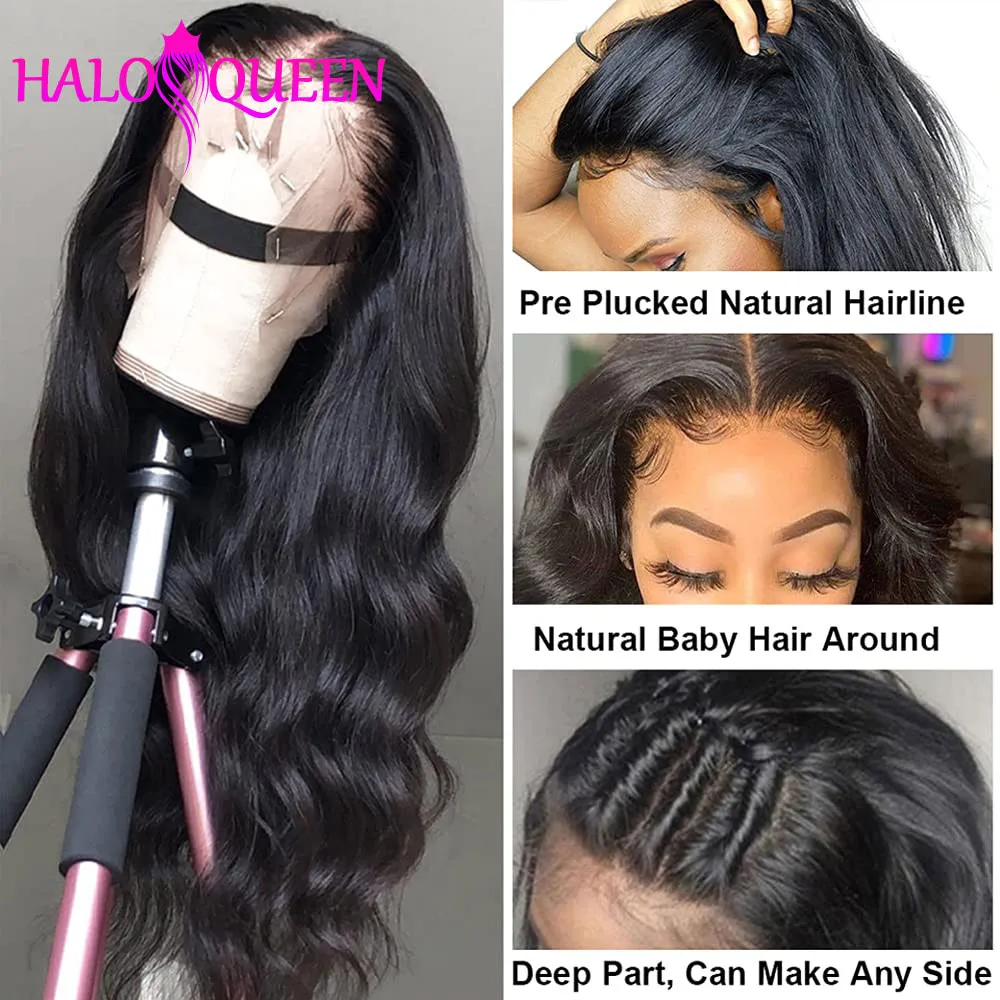 Perruque Lace Frontal Wig Body Wave brésilienne naturelle, cheveux longs, couleur naturelle, pre-plucked, 13x4x1, 4x4, densité 180