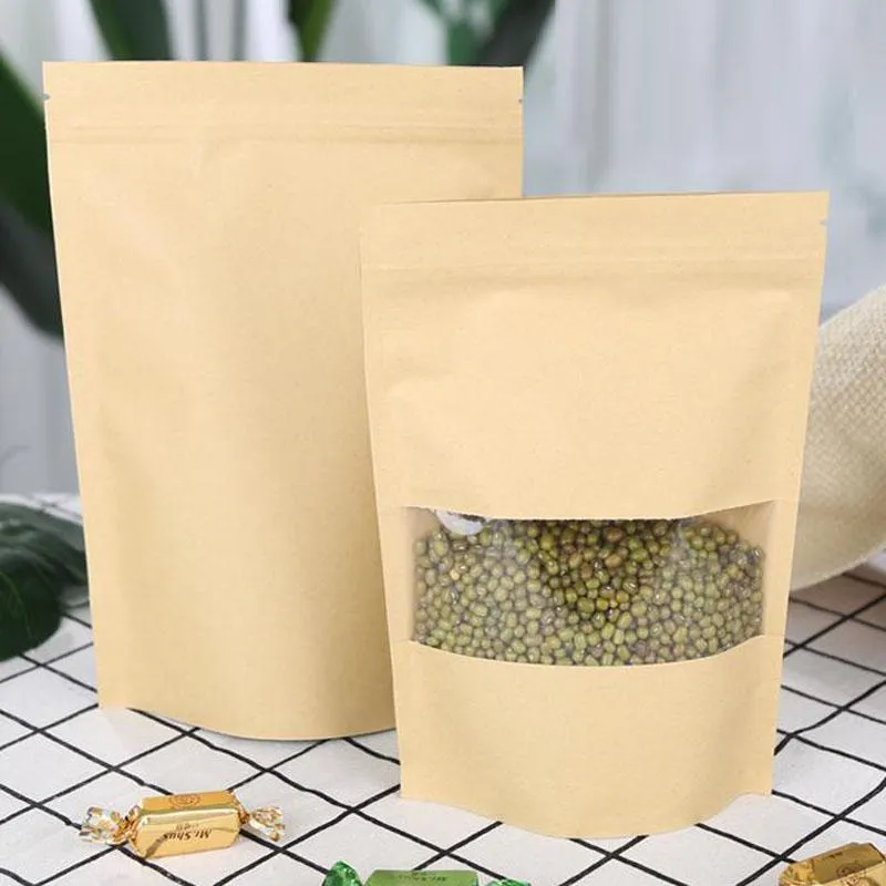 2021密封可能な袋茶色のクラフト紙袋はジッパーの再封じ込め可能な食品等級のスナッククッキークリアウィンドウ包装袋100ピース/ロット