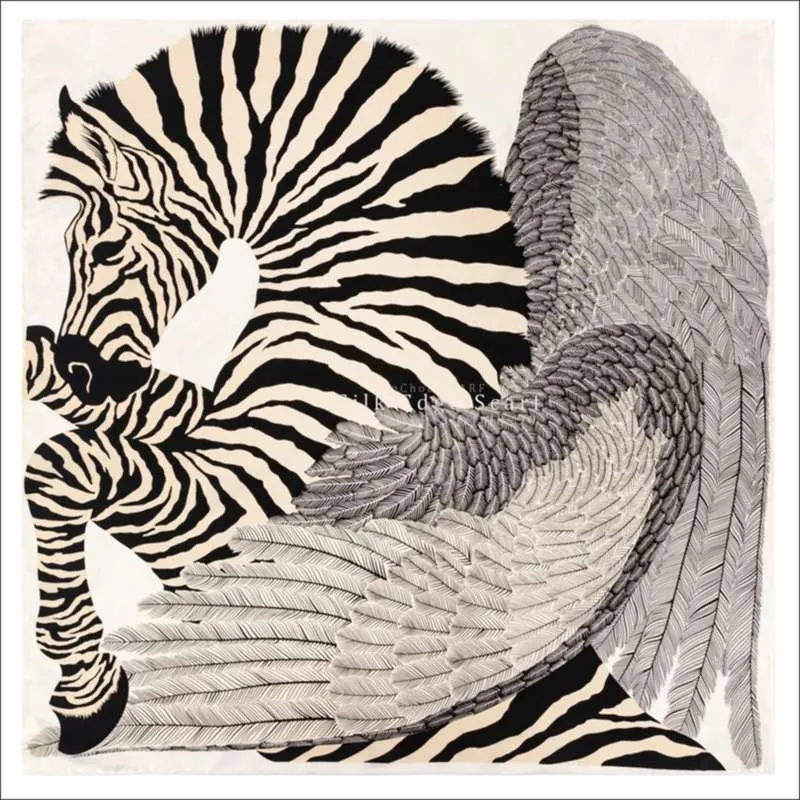 Kvadratisk Silk Twill Scarf Handvalsad 90 * 90cm Kvinnor Sommar halsdukar "Zebra Pegasus" 210928