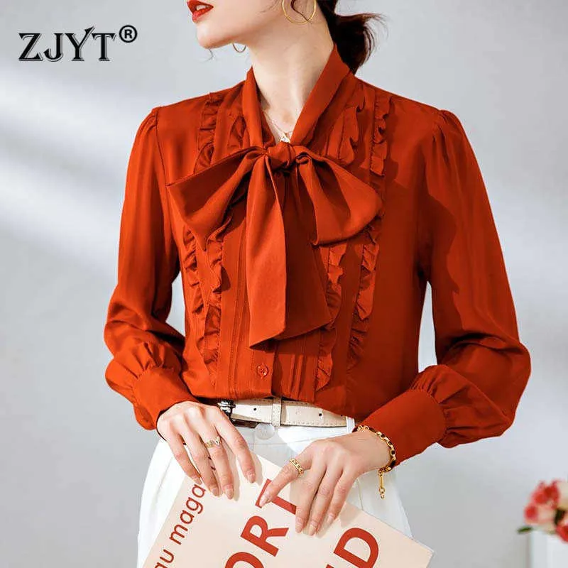 Lyx 100% Real Silk Blusar Kvinnor Spring Designers Bow Collar Ruffles Office Lady Shirts Femininos Blusas Lossa Toppar 210601