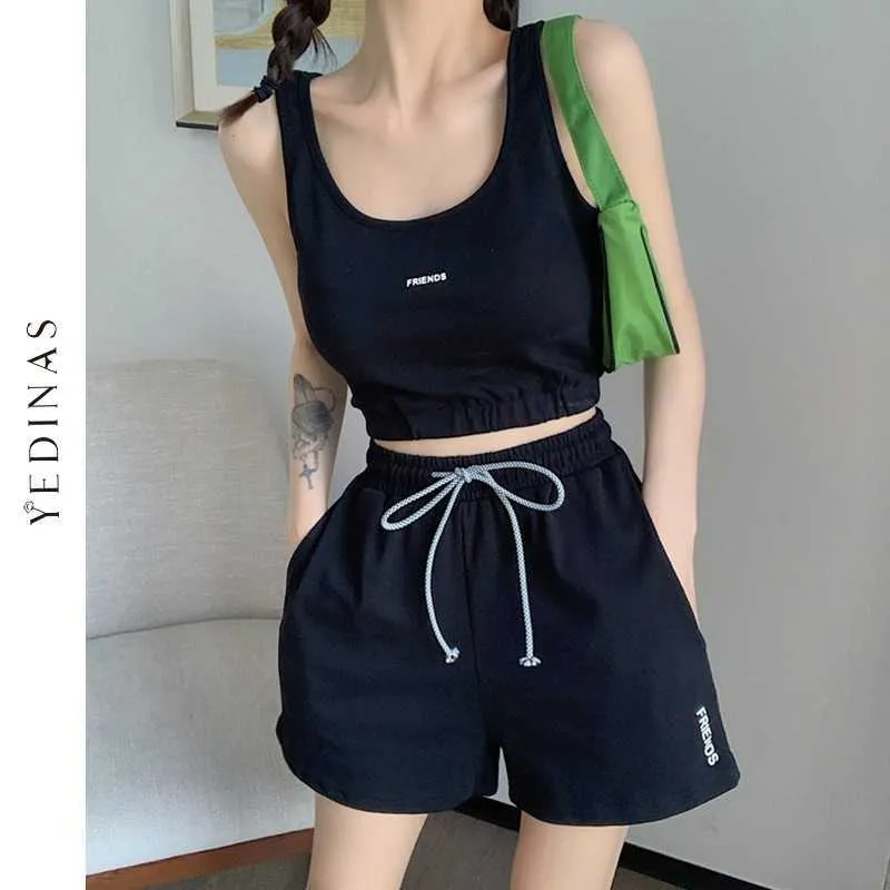 Yedinas Two Piece Set Women Sports Outfits Vest Crop Tops And Biker Shorts Bottom Suit Female Summer Tracksuits Solid 210527