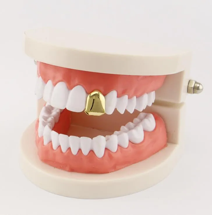 18K Real Gold Braces Punk Hiphop Hollowed Single Teeth Dental Mouth Fang Grills Tooth Cap Party Rapper Jewelry