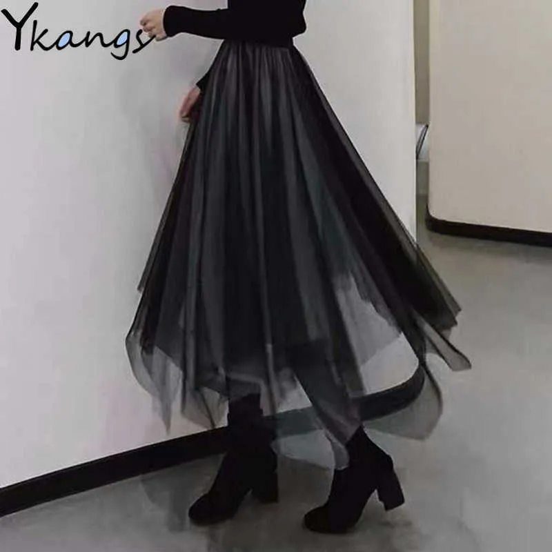 Gothic Black Tulle Patchwork Long Irregular Skirts Elastic High Waist A-Line Mesh Pleated Midi Skirts Vintage Punk Streetwear 210619