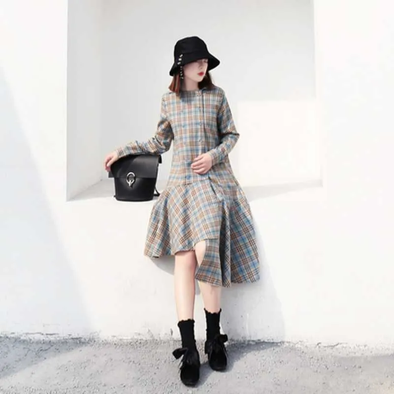 Korea Stil Mode Plaid Kleid Frühling Herbst Ankunft O Hals Langarm Casual Asymmetrische für Frauen 210615