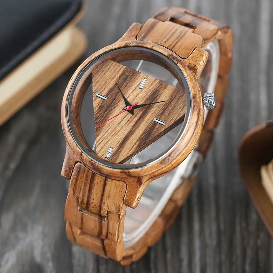 Unique Inverted Geometric Triangle Zebra Wood Watch Men Women Creative Hollow Dial Full Wooden Quartz Wristwatch Reloj de madera Christmas Gifts Best Gifts (8)