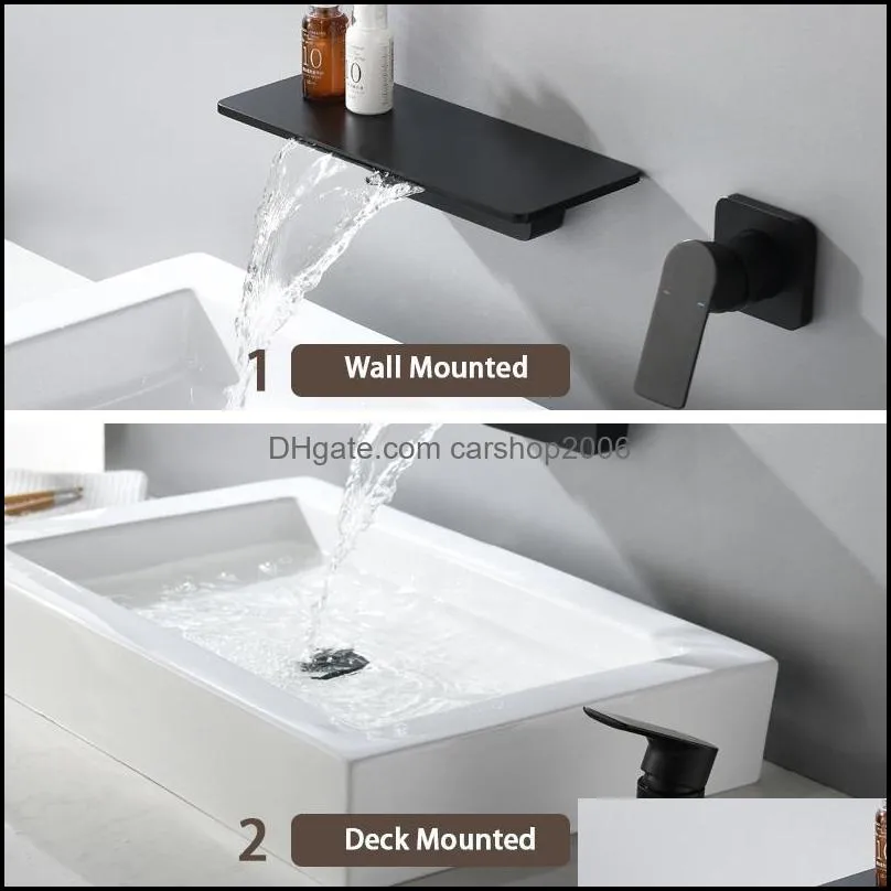 Bathroom Sink Faucets Wall Mounted Basin Faucet MaBlack Brass Waterfall Mixer Water Tap Cold And Taps1