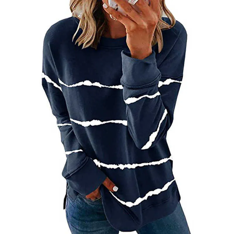 秋のTシャツの女性カジュアルネクタイ染料ストライプoネック長袖特大の緩いティーシャツファッションレディーストップスプラスサイズ5xl 210526