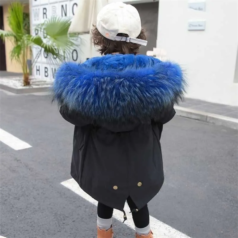 Winter Kids Girls Real Fur Coat Warm Baby Rabbit Jacket For Thick Hooded Long Children Outwear TZ167 211204
