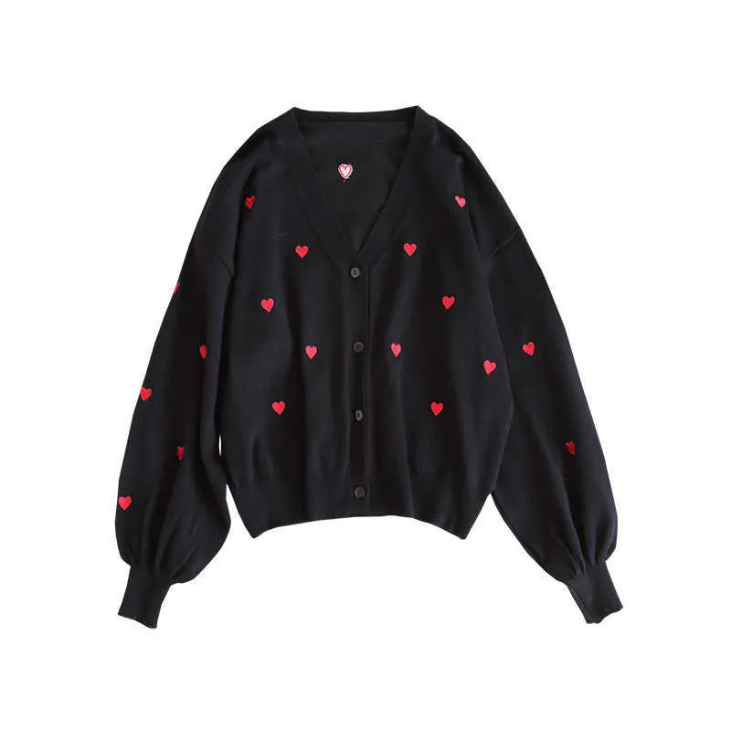 Tal vez u mujer suéter de punto manga larga rosa negro cárdigans delgados v cuello otoño bordado corazón bordado M0029 210529