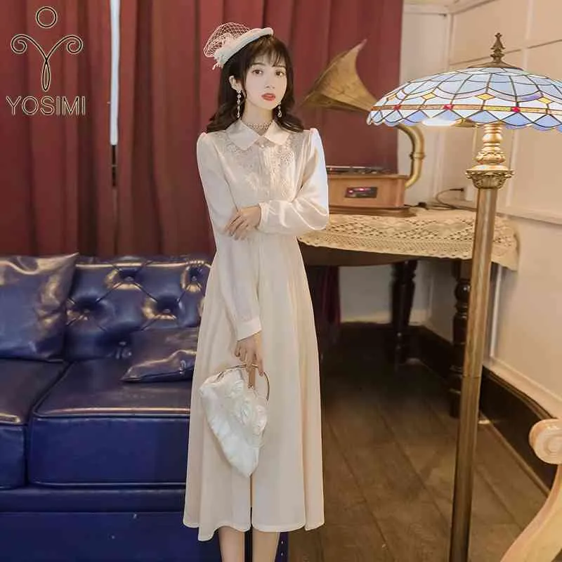 Yosimi Beige Long Dresミッドカーフフィットアンドフレア秋レース刺繍スリーブターンダウンカラーシャツ210604