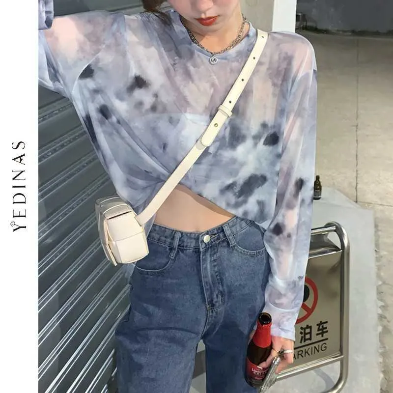 Yedinas Lente Herfst Tie Dye See Through Mesh Tshirts Dames Lange Mouw Doorschijnend Koreaanse Mode Dunne T-shirt Esthetische 210527