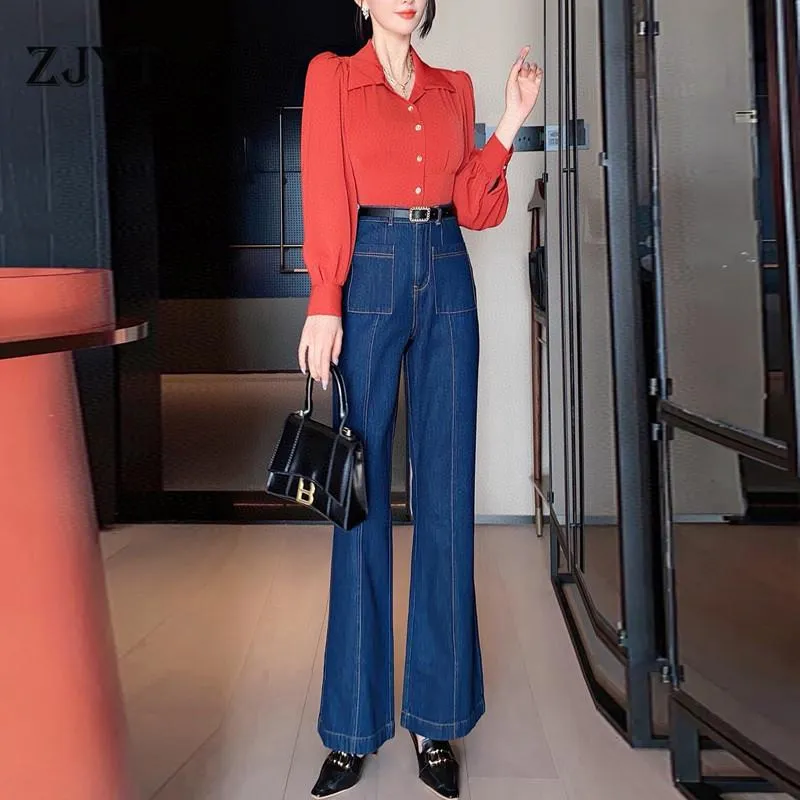 Pantalon de deux pièces pour femmes Élégant Spring Runway Designers Femmes Tenues 2021 Mode Blouse à manches longues et jeans à jambes larges Ensembles