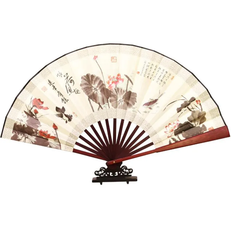 Party Favor Landscape Silk Folding Fan Chinese Style Bamboo Wood Summer Portable Wedding Gift 10 Inch