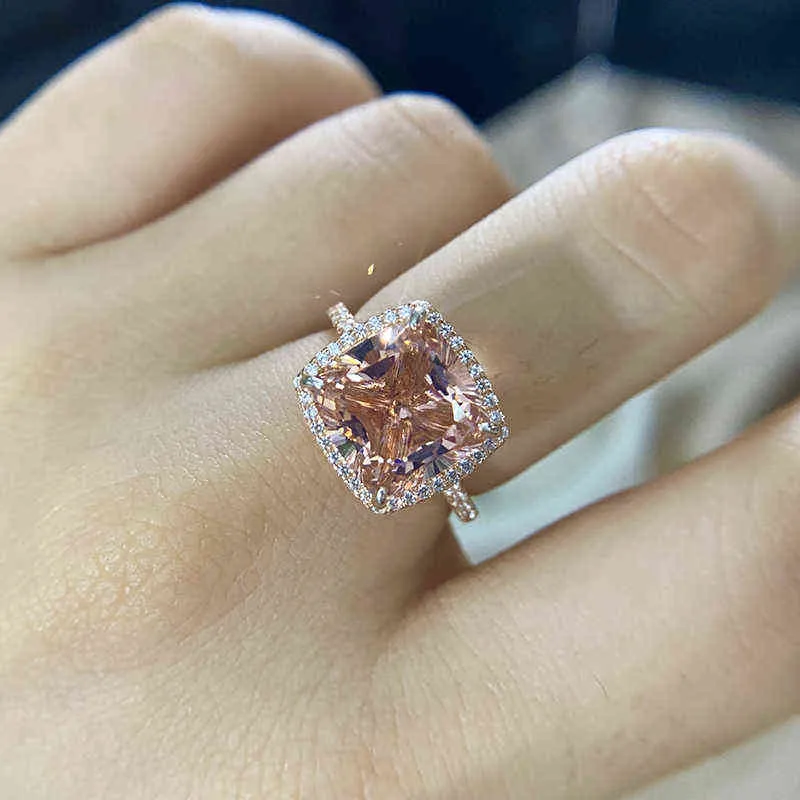 Elsieunee 18K Rose Gold Color Morganite Diamond Rings for Women Solid 925 Sterling Silver Wedding Ring Fashion Fine Jewelry Gift 2238V
