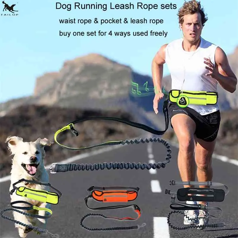 Dog Leash Rope Running Hands Free Reflective Big Dog Leashes Walking Leash With Waist Bag Collar Rope for Dogs CL147 210729