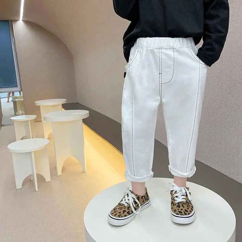 Pantolon Pantolon Ayak Bileği Uzunluğu Elastik Bel Gevşek Katı Pamuk Moda Rahat Sevimli Güzel Basit Bahar Auutmn Çocuk Erkek Çocuk
