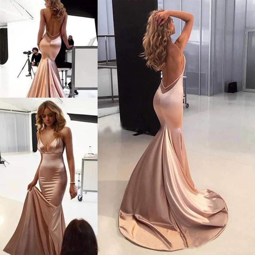 Sexig Prom Aftonklänning 2021 Spaghetti Baklösa Sweep Train Enkel Stain Mermaid Occase Red Carpet Party Gown