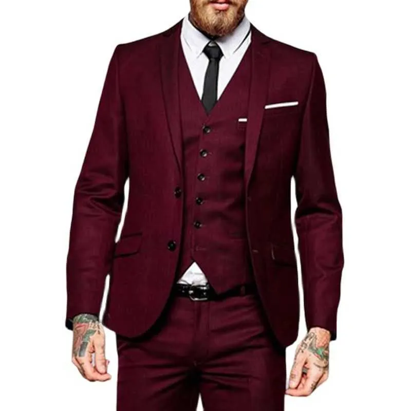 Burgundy Men Suits Slim Fit Formal Groom Prom Tuxedo 3 Piece Custom Male Blazer Jacket with Pant Vest Male's Fashion X0909