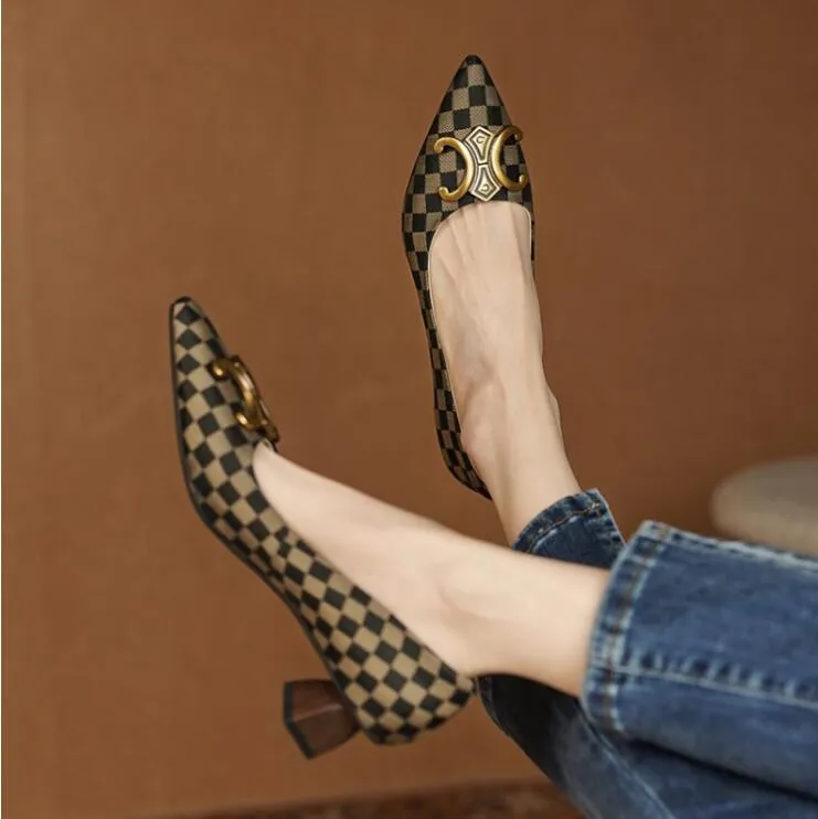 Vintage Plaid Single Shoes Women 2022 Sexy Pointed toe Kitten heel Lady Dress Shoes