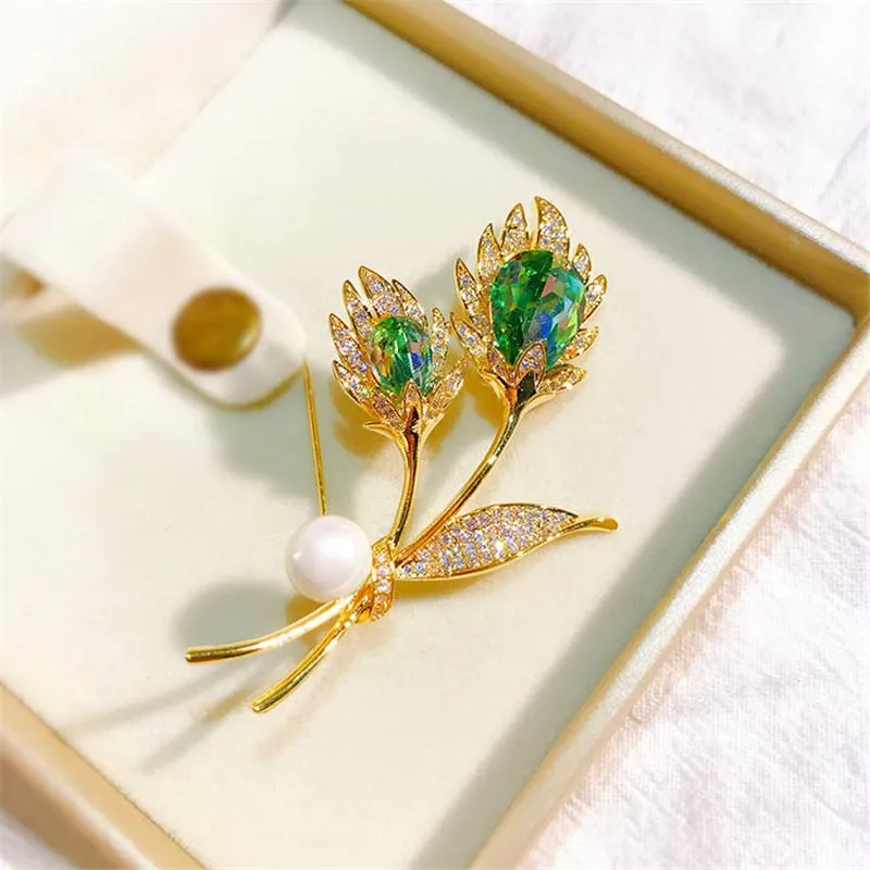 Pins, Brooches Fashion Tulip Brooch Pin Elegant Big Pearl Flower Cubic Zirconia For Wedding Costume Accessories Jewelry Gifts 2021