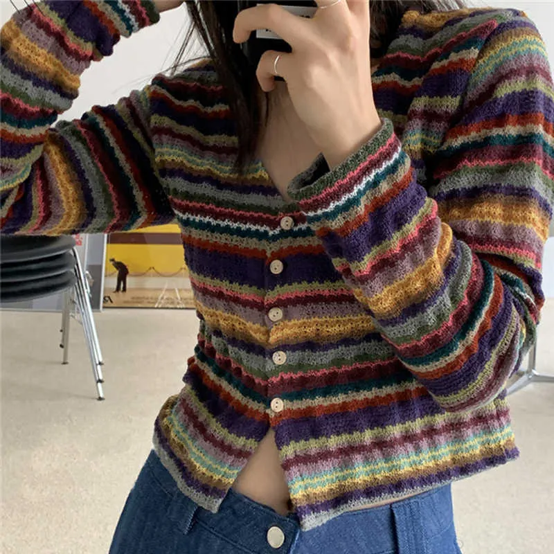 Flectit Womens Vintage Multi Striped Cardigan Button Up Crop Sweater Slim Fit Knitted Top Korean Fashion Alternative Girl Outfit 210918