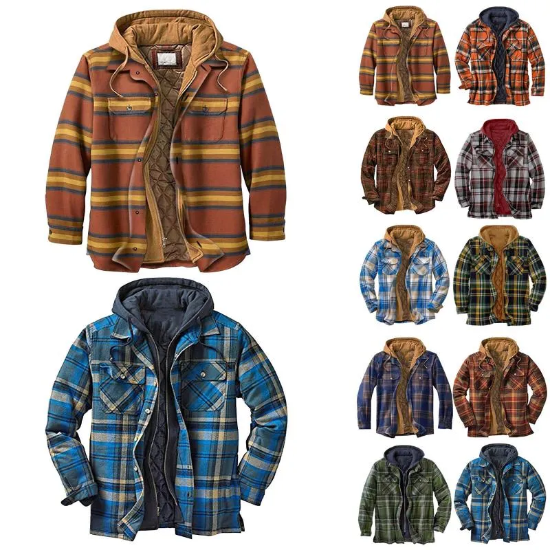 Jaquetas dos homens Camiseta Inverno Quilted Botão alinhado para baixo Casacos de xadrez Adicionar veludo para manter a jaqueta quente com casaco de capô Outwear # 4